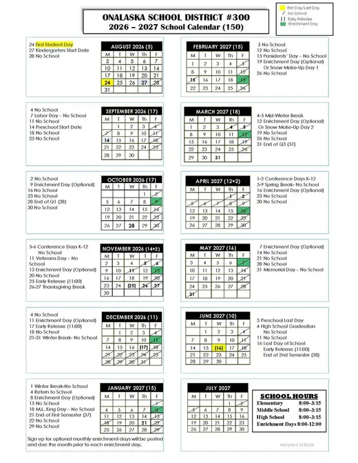 Onalaska School District #300 (1) 2026–2027 Academic Calendar Page 2
