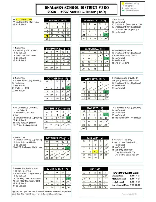 Onalaska School District #300 (1) 2026–2027 Academic Calendar Page 1