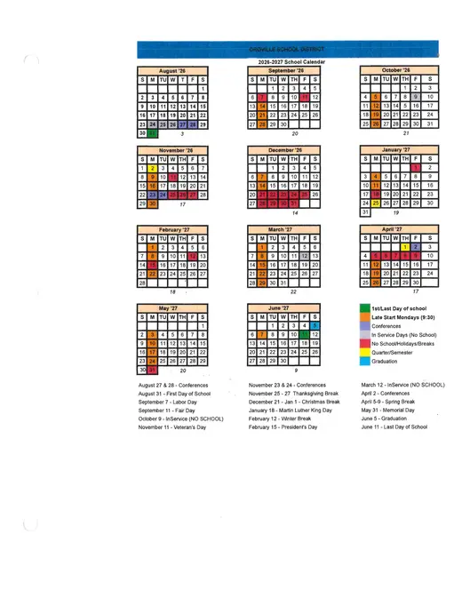 Oroville School District 2026–2027 Academic Calendar