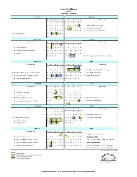 Orting School District 2026–2027 Academic Calendar