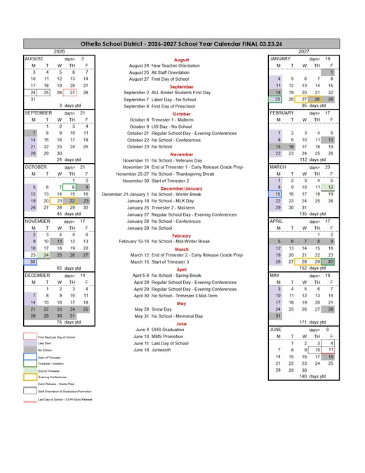 Othello School District 2026–2027 Academic Calendar Page 1