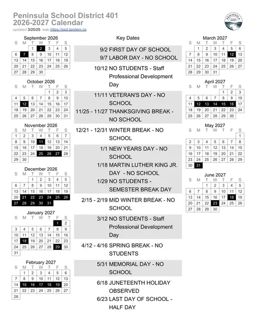 Peninsula School District 401 2026–2027 Academic Calendar