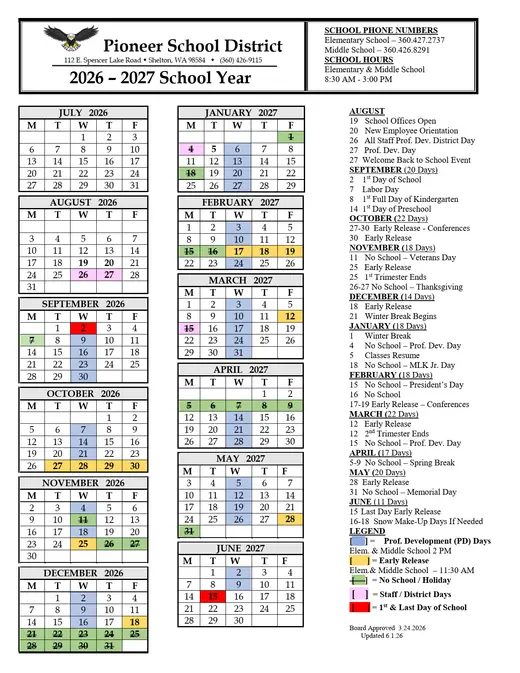 Pioneer School District 2026–2027 Academic Calendar Page 1