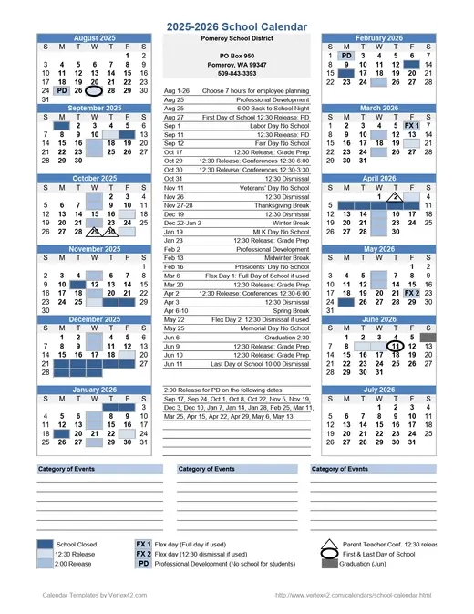 Pomeroy School District 2025–2026 Academic Calendar Page 1