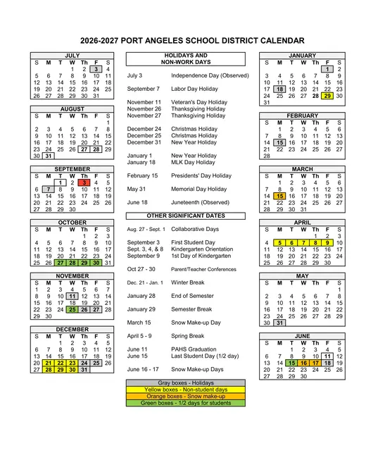 Port Angeles School District 2026–2027 Academic Calendar