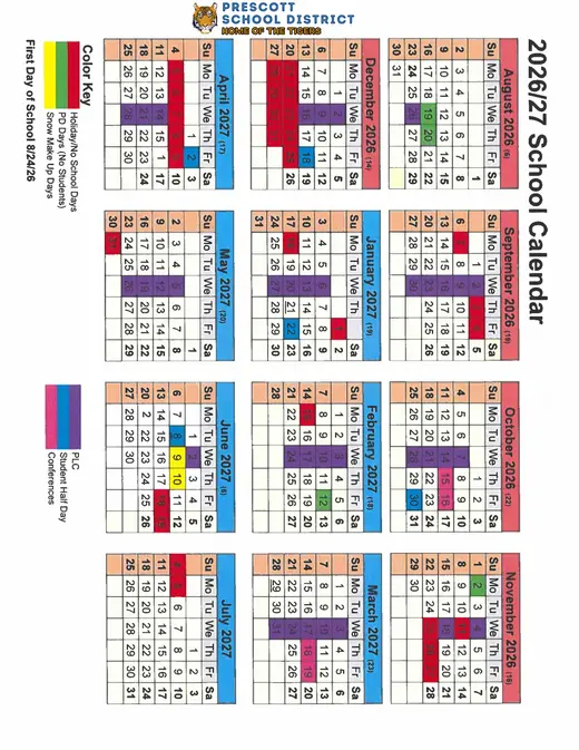 Prescott School District 2026–2027 Academic Calendar Page 1