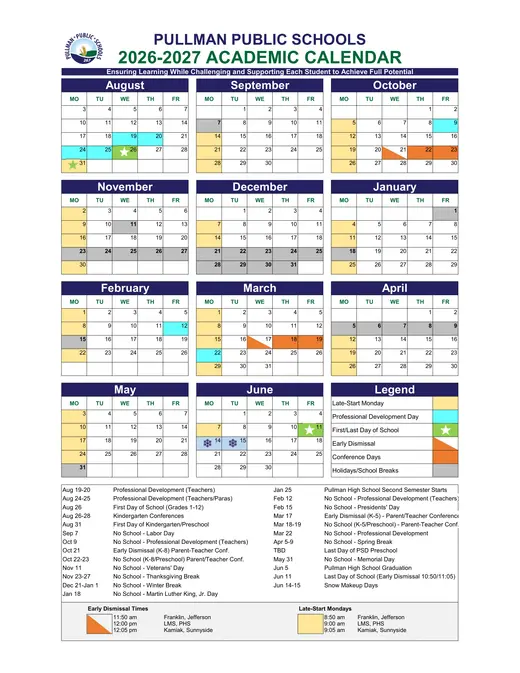 Pullman Public Schools 2026–2027 Academic Calendar