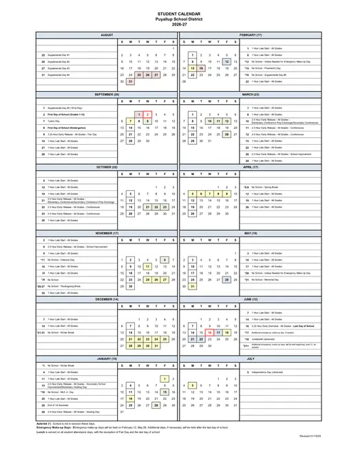 Puyallup School District 2026–2027 Academic Calendar