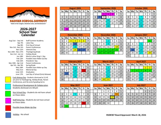 Rainier School District 2026–2027 Academic Calendar