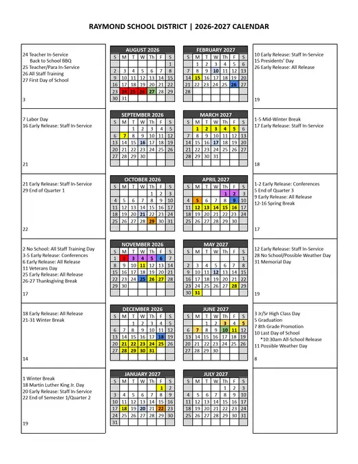 Raymond School District 2026–2027 Academic Calendar