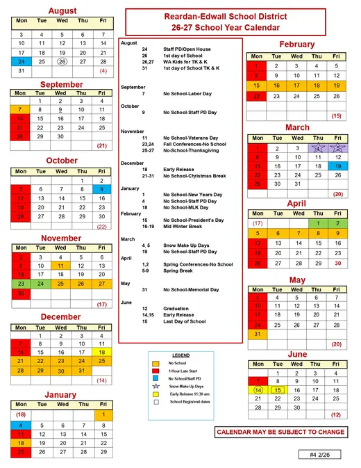 Reardan-Edwall School District 2026–2027 Academic Calendar