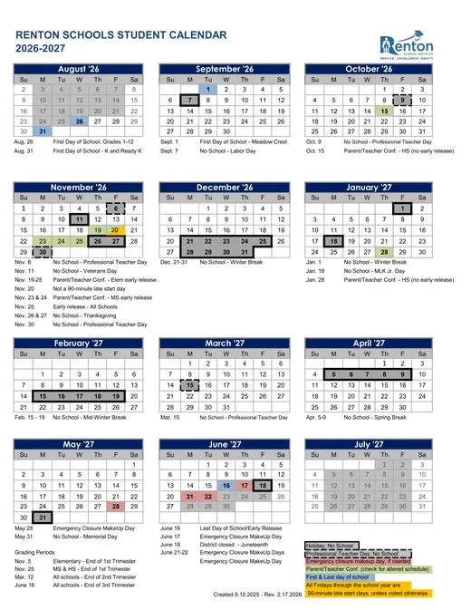 Renton School District 2026–2027 Academic Calendar Page 1