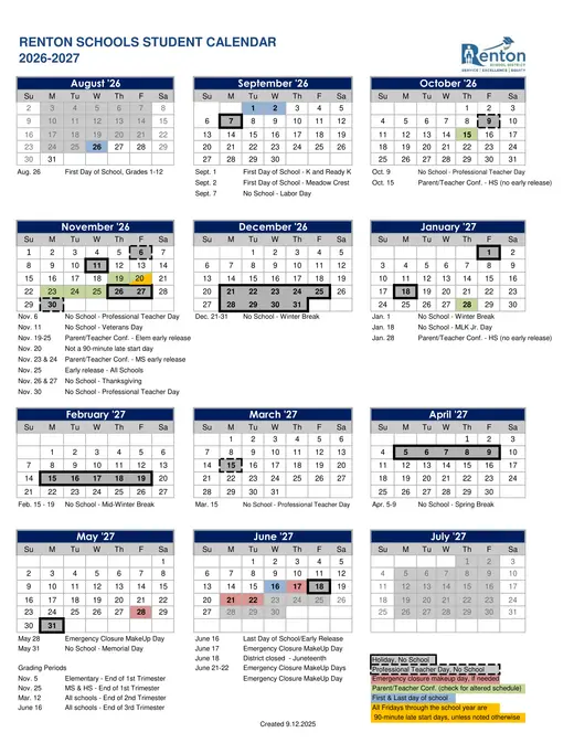 Renton School District 2026–2027 Academic Calendar Page 2