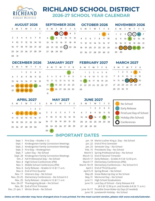 Richland School District 2026–2027 Academic Calendar