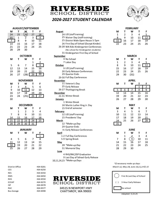 Riverside School District 2026–2027 Academic Calendar