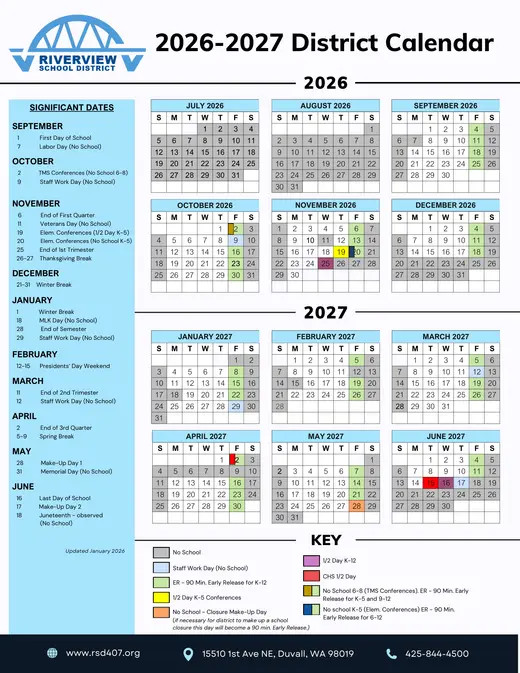Riverview School District 2026–2027 Academic Calendar