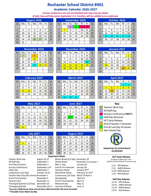 Rochester School District #401 2026–2027 Academic Calendar