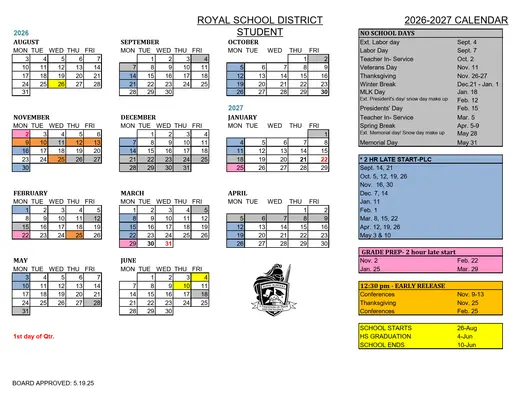 Royal School District 2026–2027 Academic Calendar Page 1