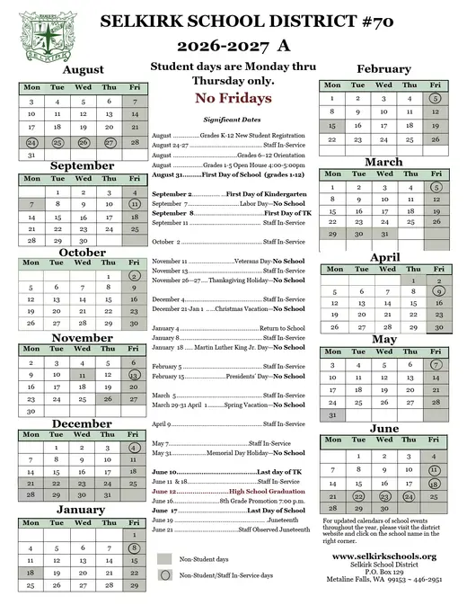 Selkirk School District #70 2026–2027 Academic Calendar Page 1