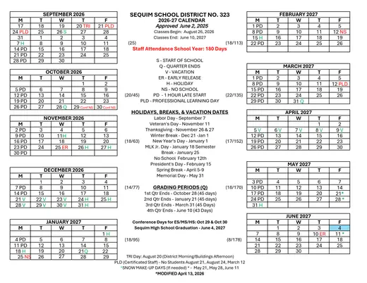 Sequim School District No. 323 2026–2027 Academic Calendar Page 1