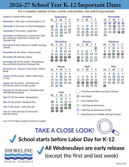 Shoreline Public Schools 2026–2027 Academic Calendar