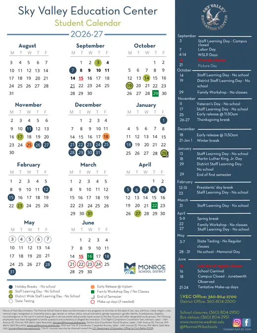 Sky Valley Education Center 2026–2027 Academic Calendar Page 1