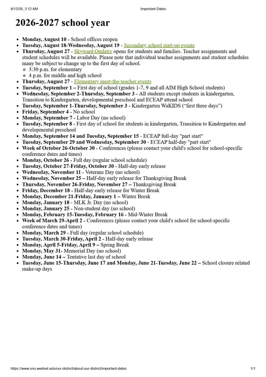 Snohomish School District 2026–2027 Academic Calendar Page 1