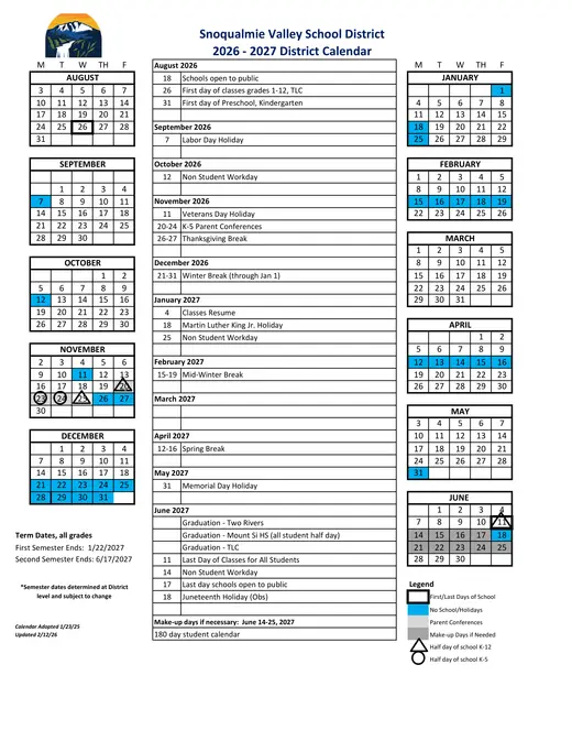 Snoqualmie Valley School District 2026–2027 Academic Calendar