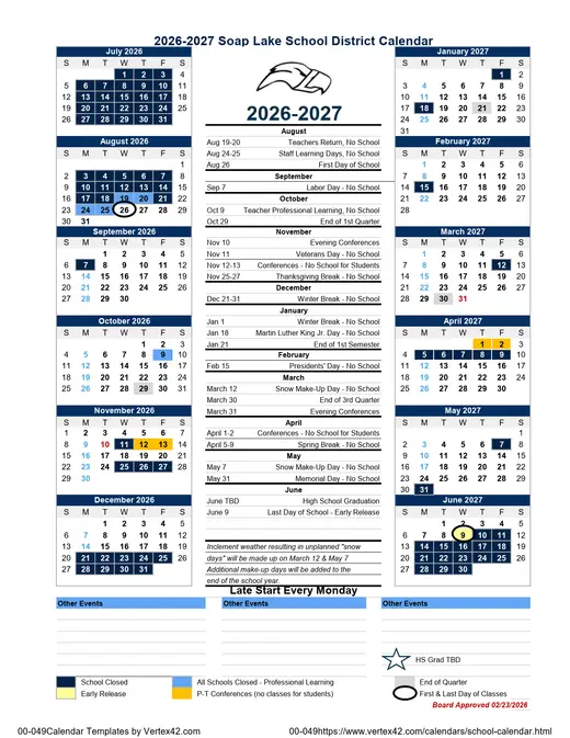 Soap Lake School District 2026–2027 Academic Calendar Page 1