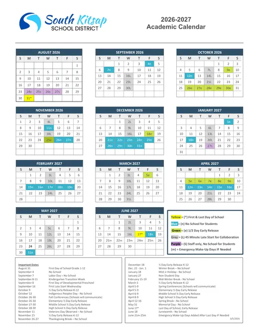 South Kitsap School District 2026–2027 Academic Calendar Page 1