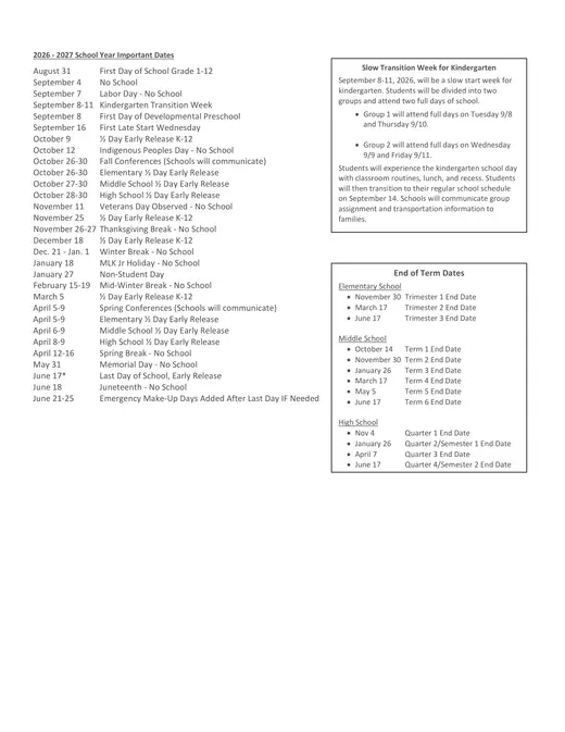 South Kitsap School District 2026–2027 Academic Calendar Page 2