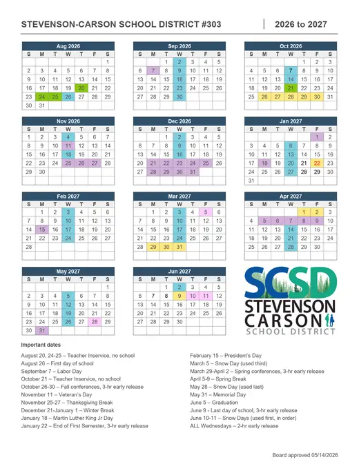 Stevenson-Carson School District #303 2026–2027 Academic Calendar Page 1