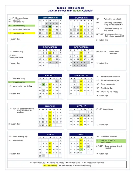 Tacoma Public Schools 2026–2027 Academic Calendar