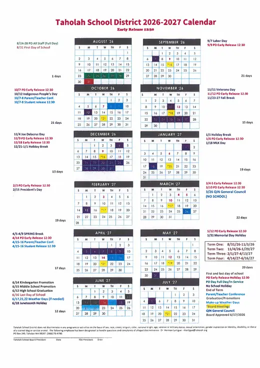 Taholah School District 2026–2027 Academic Calendar Page 1
