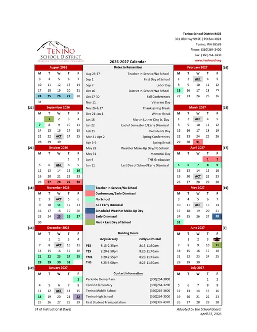 Tenino School District #402 2026–2027 Academic Calendar Page 1