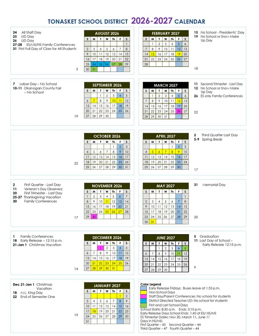 Tonasket School District 2026–2027 Academic Calendar Page 1