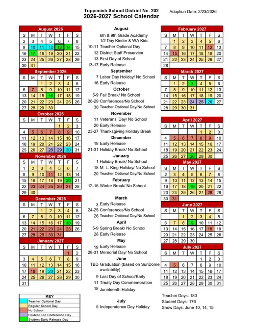 Toppenish School District No. 202 2026–2027 Academic Calendar Page 1