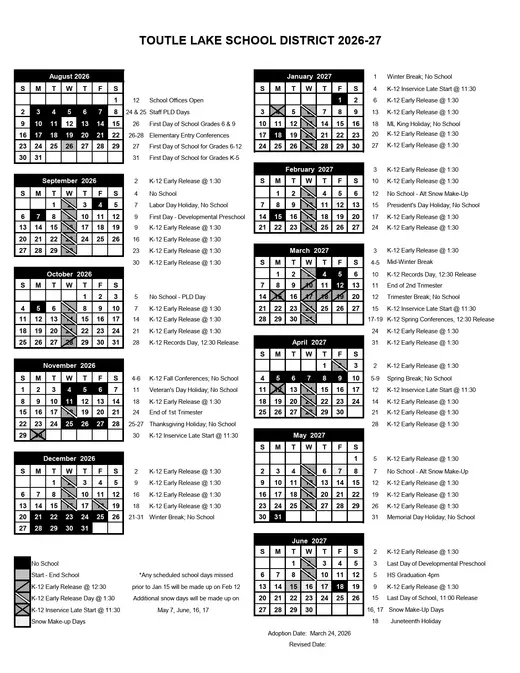 Toutle Lake School District 2026–2027 Academic Calendar Page 1