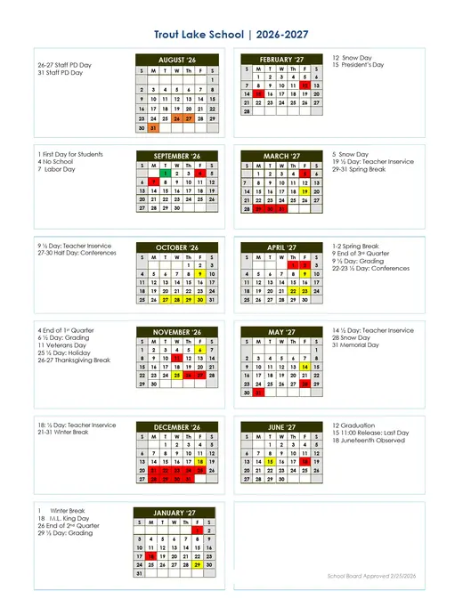 Trout Lake School 2026–2027 Academic Calendar