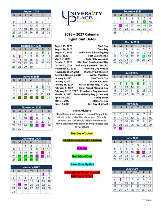 University Place School District 2026–2027 Academic Calendar Page 1