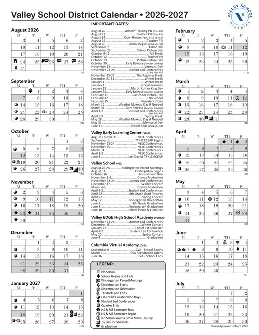 Valley School District 2026–2027 Academic Calendar Page 1