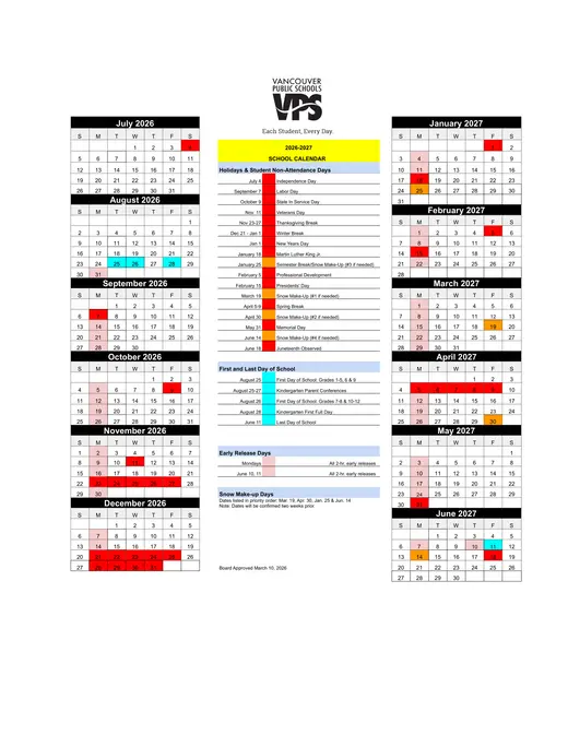 Vancouver Public Schools 2026–2027 Academic Calendar