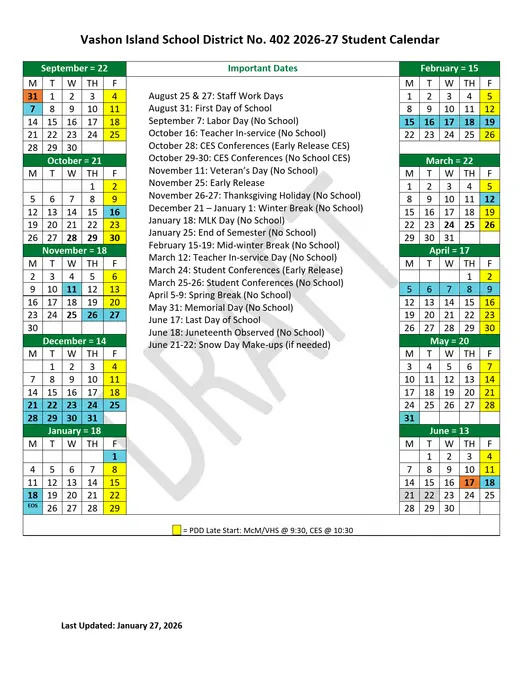 Vashon Island School District No. 402 2026–2027 Academic Calendar Page 1
