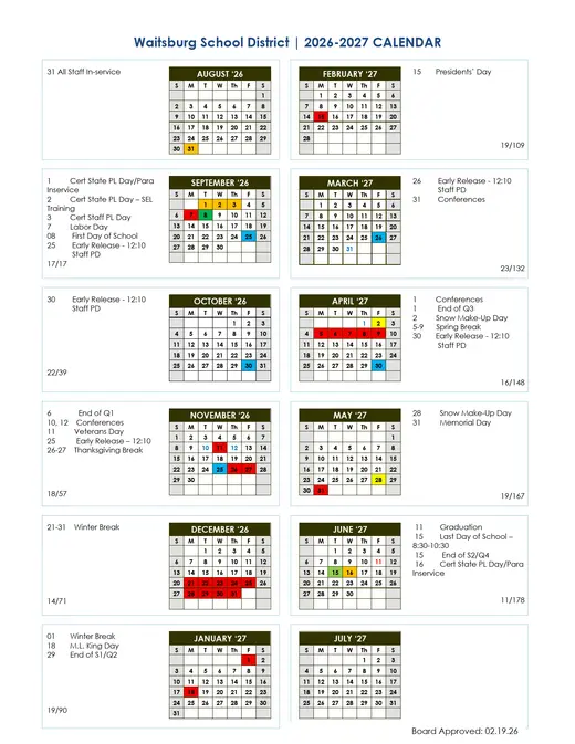 Waitsburg School District 2026–2027 Academic Calendar