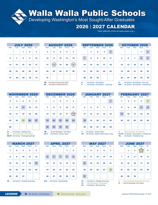 Walla Walla Public Schools 2026–2027 Academic Calendar