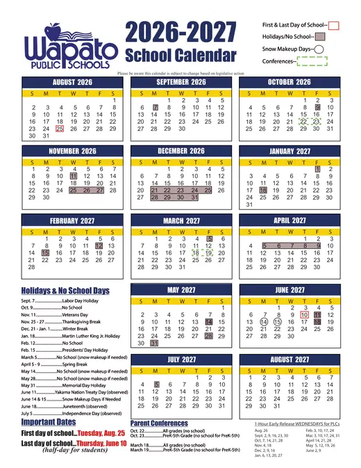 Wapato Public Schools 2026–2027 Academic Calendar