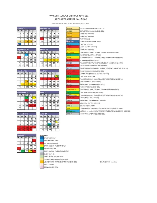Warden School District #146-161 2026–2027 Academic Calendar Page 1