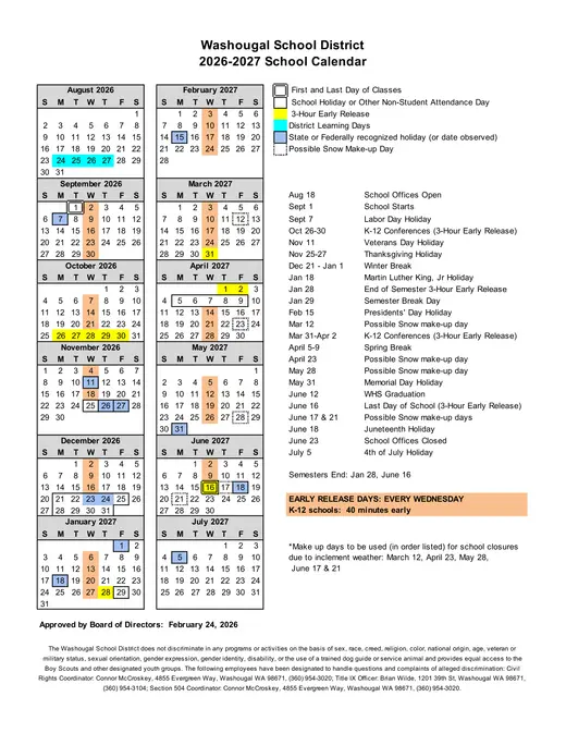 Washougal School District 2026–2027 Academic Calendar