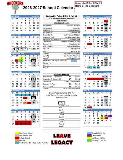 Waterville School District #209 2026–2027 Academic Calendar Page 1