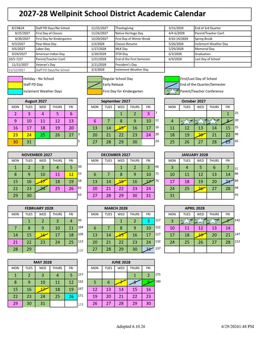 Wellpinit School District 2027–2028 Academic Calendar Page 1